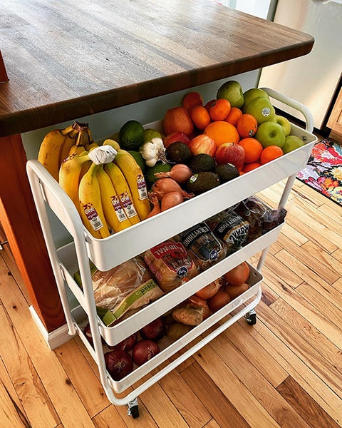 Kitchen organization tip – Storing produce and bread in rolling cart