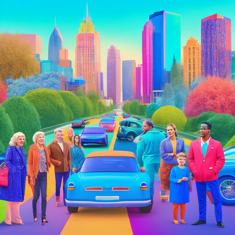 A vibrant illustration of multiple people from diverse age groups and abilities gathered around a row of colorful, eco-friendly cars, with cityscape and greenery in the background.