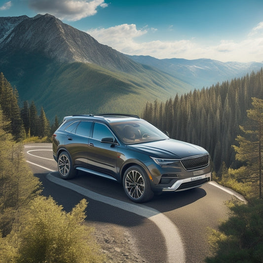 An illustration of a sleek, black SUV with a silver roof-mounted solar panel array, driving down a winding mountain road surrounded by evergreen trees under a bright blue sky.