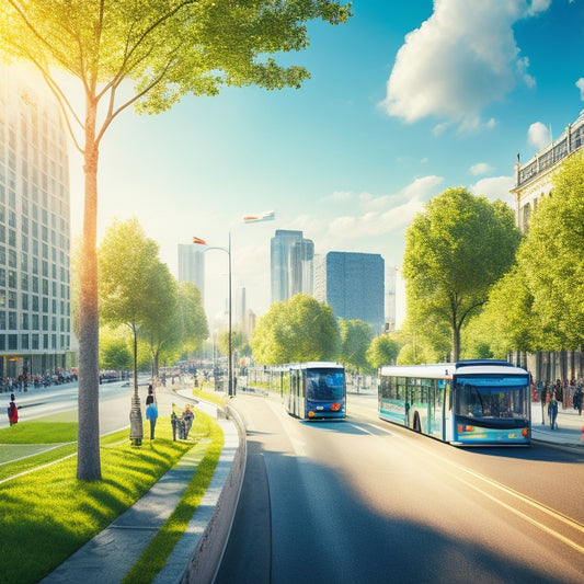 An illustration of a bustling cityscape with greenery, featuring electric buses, bike lanes, pedestrian-friendly roads, and a thriving public transportation system, set against a bright blue sky with fluffy white clouds.