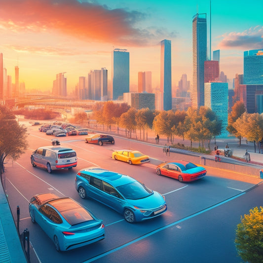 An illustration depicting a bustling cityscape with electric vehicles (EVs) and charging stations integrated into the urban landscape, showcasing a network of efficient, futuristic, and sustainable infrastructure.