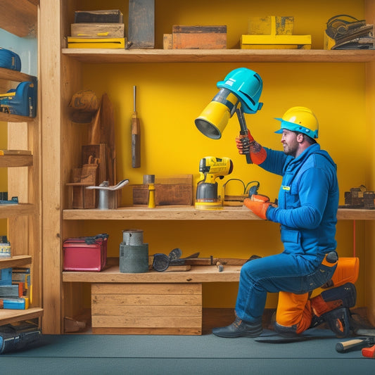 An illustration of a person in a yellow hard hat and gloves, holding a power drill, surrounded by various DIY tools and materials, with a partially assembled bookshelf or furniture in the background.