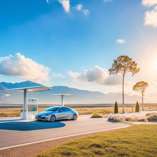 A serene landscape with a sleek, silver electric vehicle parked in front of a modern, curved charging station, set against a bright blue sky with fluffy white clouds.