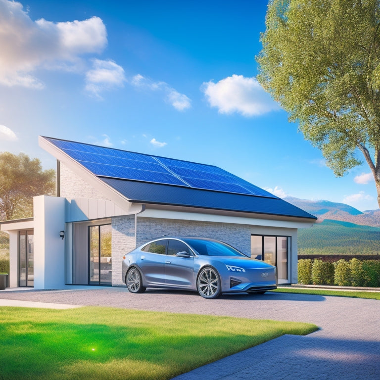 An illustration of a sleek, silver electric vehicle parked in a driveway, surrounded by a modern, eco-friendly home with a rooftop covered in sleek, black solar panels, under a bright blue sky with a few fluffy white clouds.