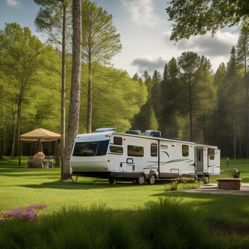 A serene, sunny RV campsite with a sleek, modern RV in the center, surrounded by lush greenery, with a subtle hint of electrical cables and battery banks in the foreground.