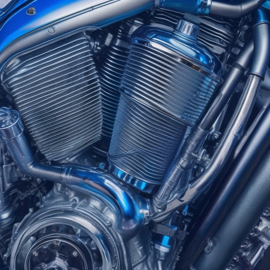 A close-up of a motorcycle engine, with a high-torque air filter and performance exhaust system, surrounded by gleaming chrome pipes and precision-crafted aluminum components, set against a dark, gradient blue background.