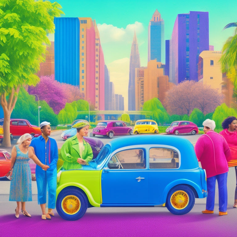 A vibrant illustration of multiple people from diverse age groups and abilities gathered around a row of colorful, eco-friendly cars, with cityscape and greenery in the background.