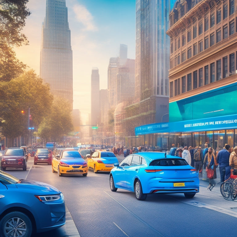 An illustration of a bustling cityscape with multiple electric vehicles in various colors, each with a unique logo or branding, parked alongside a city street, with charging stations and city dwellers milling about.