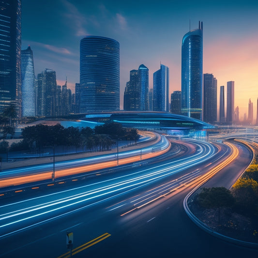 A futuristic cityscape at dusk with sleek, curved skyscrapers and neon lights, featuring electric vehicles charging at street-level stations, and above-ground charging lanes on roads.