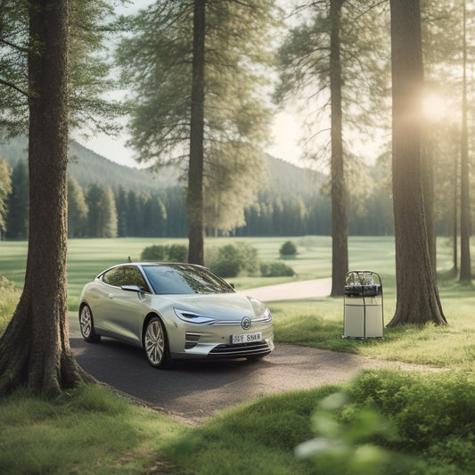 A serene, sunlit landscape with a sleek, silver electric car parked in front of a lush green forest, surrounded by eco-friendly accessories such as reusable bags and refillable water bottles.