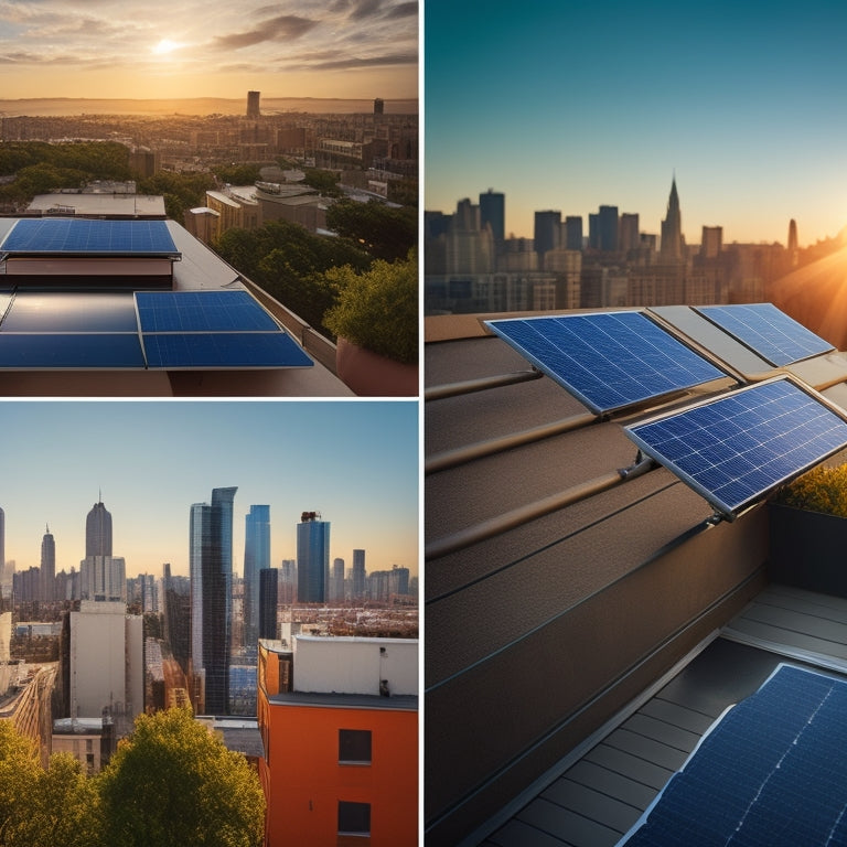 A split-screen image featuring a small rooftop with a compact solar panel array on one side and a compact, sleek solar panel on a balcony railing on the other, both with a cityscape background.