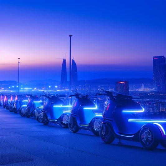 A futuristic cityscape at dusk with sleek, silver electric scooters parked in a row, each adorned with reflective stickers and helmets nearby, under a bright, starry European Union flag-inspired sky.