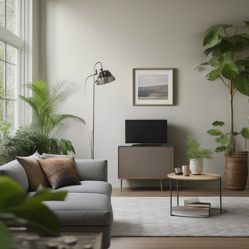 A modern living room with a sleek, wall-mounted battery pack and a tablet displaying a online shopping website, surrounded by faint grid patterns and greenery, symbolizing eco-friendliness and smart energy.