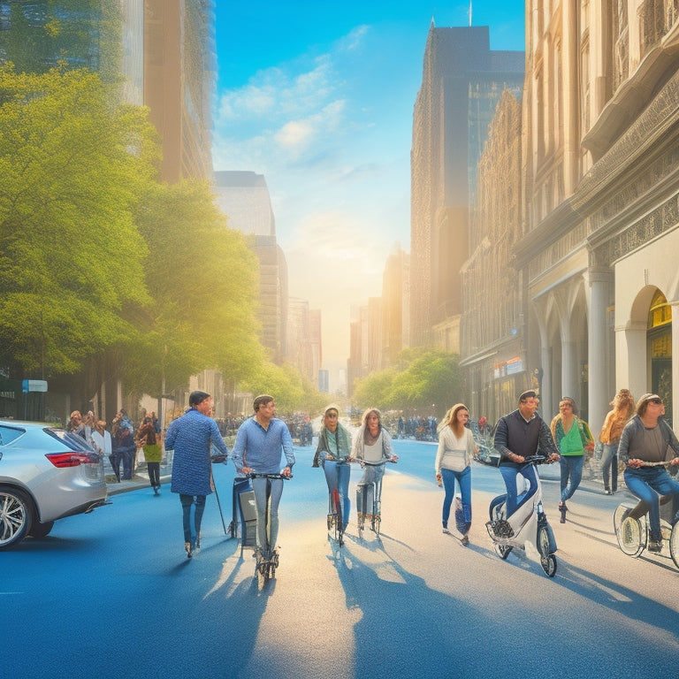 An illustration of a bustling city street with a mix of people walking, cycling, and riding electric scooters, skateboards, and foldable bicycles, under a bright blue sky with fluffy white clouds.