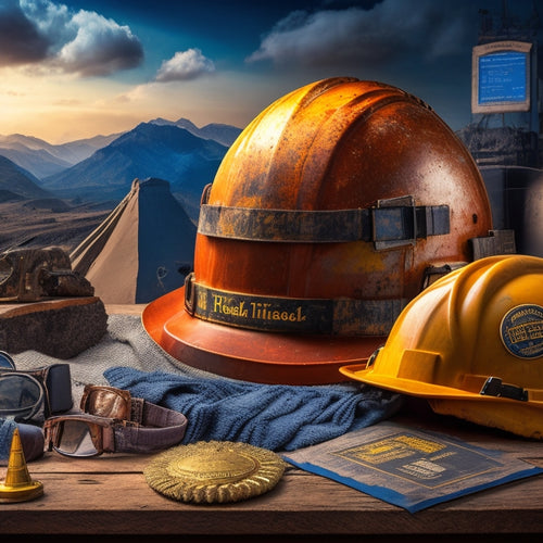 A dramatic background with a large, golden certification badge in the center, surrounded by smaller badges and icons of various safety gear, such as hard hats and goggles.