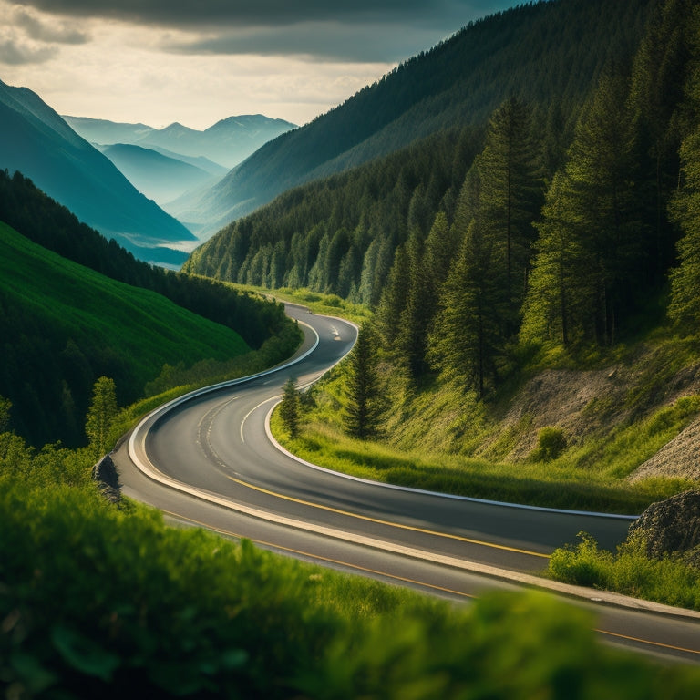 A scenic mountain highway unwinds into the distance, flanked by lush green forests, with a sleek, black electric motorcycle rounding a curved bend, leaving a trail of winding road behind.