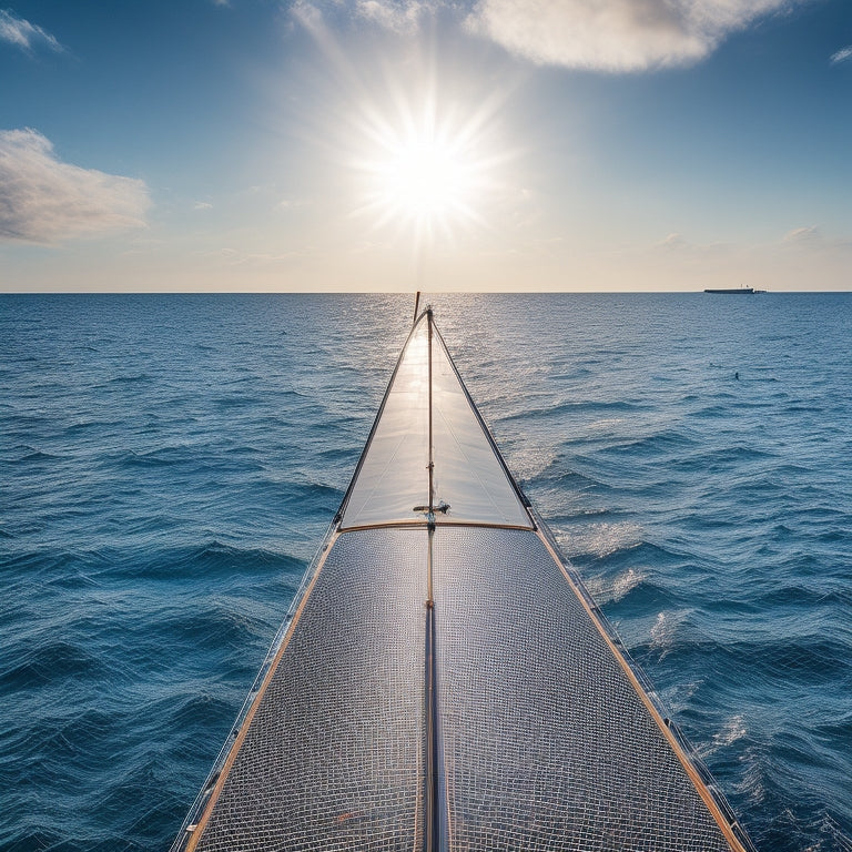 A serene ocean background with a sailboat in the distance, featuring a close-up of a marine solar panel installed on a boat's deck, with sunlight reflecting off its sleek surface.