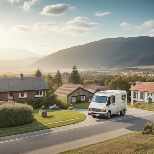 A serene landscape with a local town in the background, a sunny day with few white clouds, a van with solar panels on its roof parked in front of a residential house.