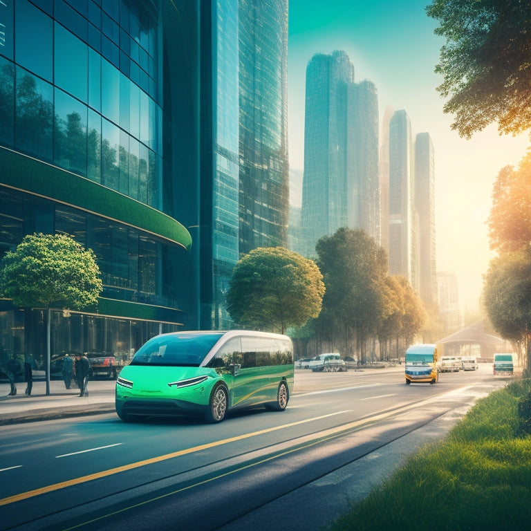 An illustration of a futuristic cityscape with electric vehicles and greenery, featuring a large, glowing green leaf with a subtle gear pattern, surrounded by sleek, eco-friendly cars and buses.