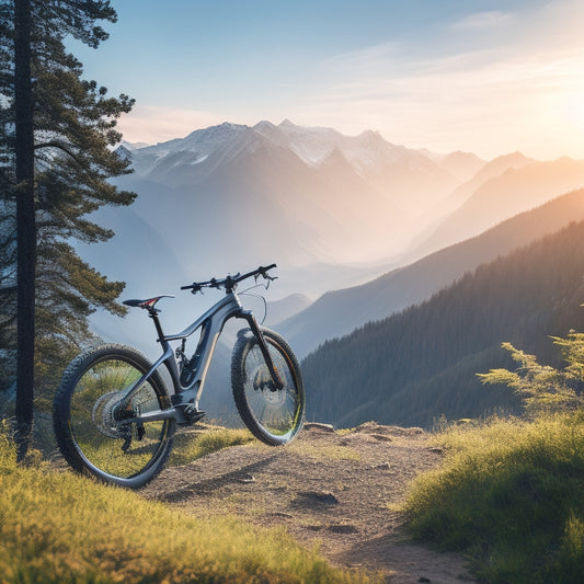 A scenic mountain trail with a sleek, modern electric mountain bike in the foreground, its wheels and frame gleaming in the sunlight, surrounded by lush greenery and misty mountains in the background.