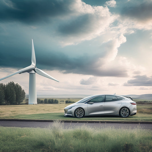 An illustration of a sleek, silver electric car parked in front of a futuristic, curved wind turbine, surrounded by lush greenery and a sunny, cloudy sky.