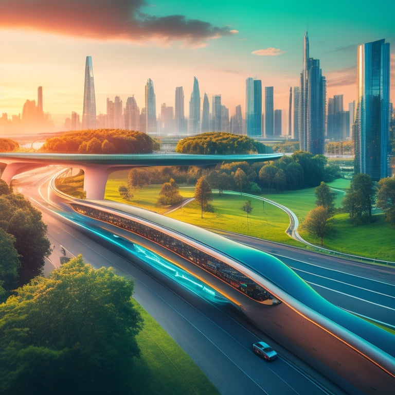 A futuristic cityscape at dusk, with sleek, electric, and autonomous vehicles zipping by, hyperloops and monorails crisscrossing the sky, and verdant green spaces amidst towering skyscrapers.