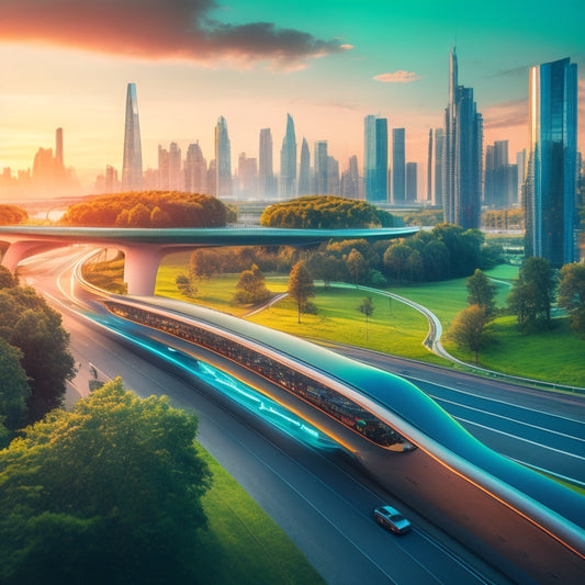 A futuristic cityscape at dusk, with sleek, electric, and autonomous vehicles zipping by, hyperloops and monorails crisscrossing the sky, and verdant green spaces amidst towering skyscrapers.