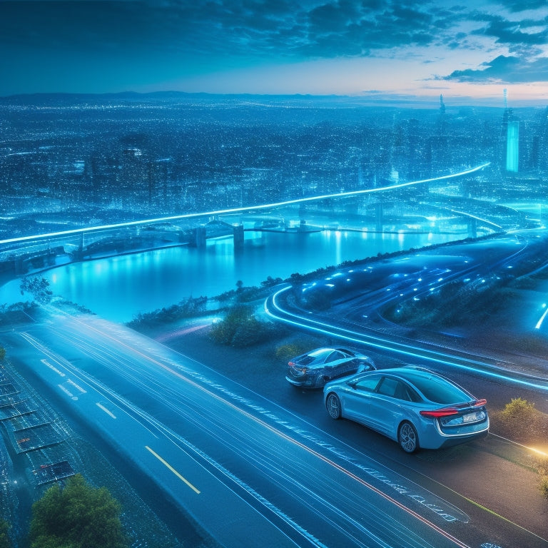 An illustration depicting a futuristic cityscape with electric vehicles plugged into a grid, surrounded by glowing blue circuits and wires, with a subtle gradient of green and blue hues representing sustainability and technology.