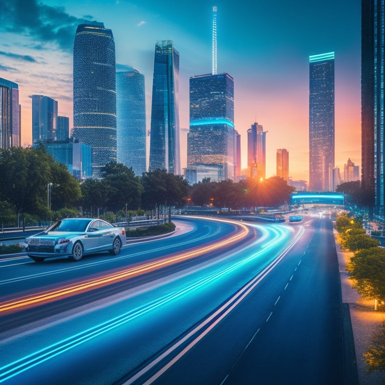 A futuristic cityscape at dusk with sleek, silver electric vehicles flowing through smart traffic lanes, illuminated by glowing blue lines and surrounded by towering skyscrapers and lush green spaces.