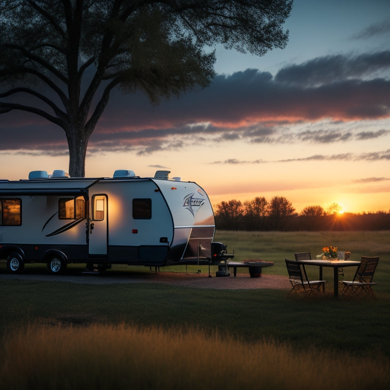 A serene outdoor setting with a parked RV, solar panels mounted on the roof, and a few trees surrounding it, with a subtle sunset glow in the background.