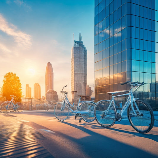 A futuristic cityscape at dawn, with sleek, silver bicycles parked at a docking station, surrounded by modern skyscrapers and a network of bike lanes, under a bright blue sky with few clouds.