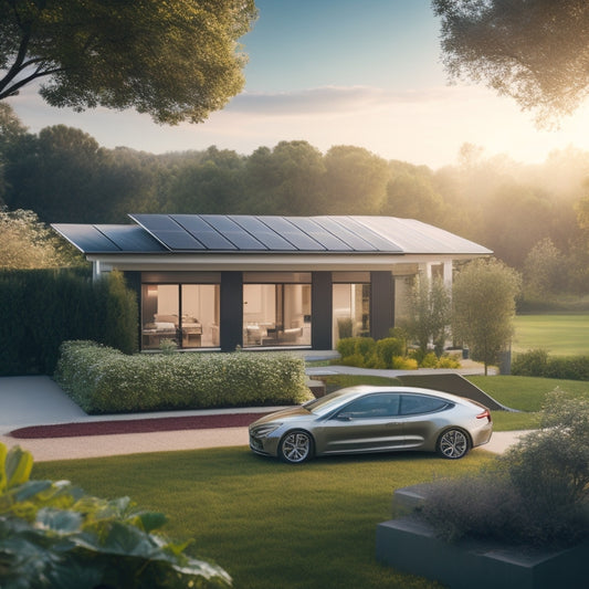 A serene landscape with a modern, sleek, silver electric car parked in a driveway, surrounded by lush greenery, with a house in the background featuring a rooftop covered in sleek, black solar panels.