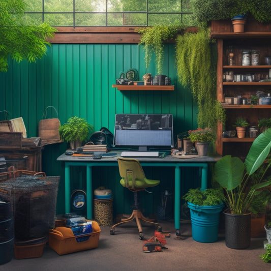 A serene, well-organized garage workspace with a laptop and a few eco-friendly car parts, such as a recycled air filter and a refurbished battery, surrounded by lush greenery and a few subtle recycling symbols.