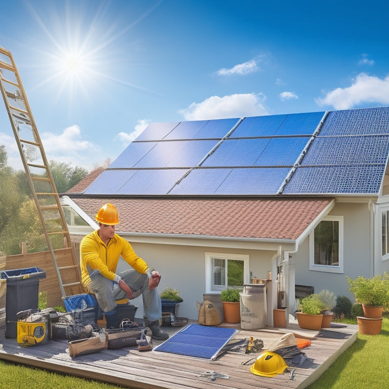 A sunny backyard with a partially installed solar panel array on the roof, tools scattered around, a ladder leaning against the roof, and a DIY enthusiast in a yellow hard hat and gloves, tightening a panel.