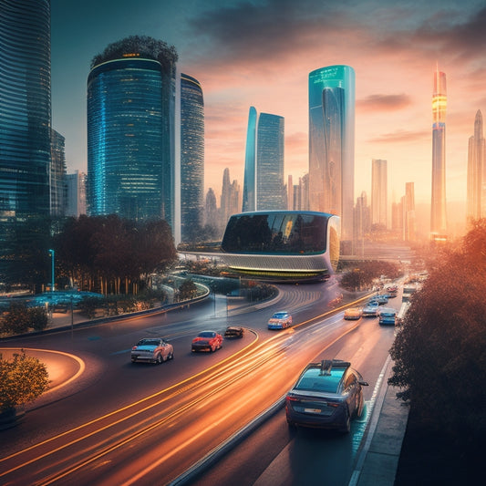 A futuristic cityscape at dusk with sleek, curved skyscrapers and tree-lined streets, featuring EV charging stations, smart traffic lights, and self-driving electric vehicles zipping by.