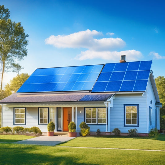 A serene suburban home with a mix of blue and black solar panels installed on its roof, with a few panels slightly angled and others lying flat, amidst a sunny sky with fluffy white clouds.