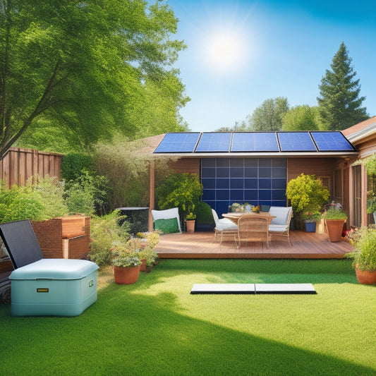 A sunny backyard with a small solar panel kit installed on a roof, surrounded by lush greenery, with a subtle grid of online shopping icons (e.g., carts, bags) scattered in the background, blending with the scenery.