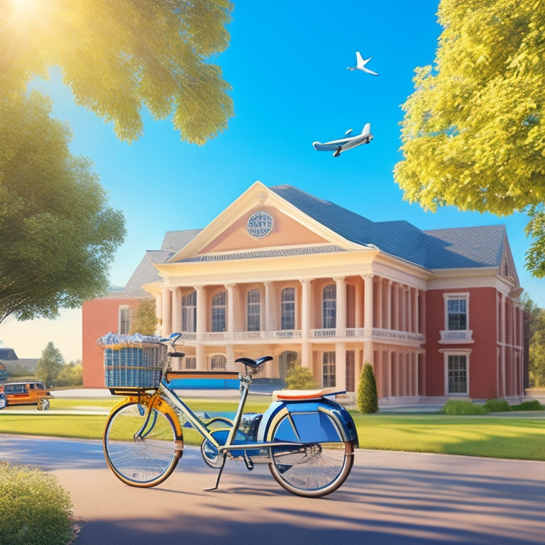 An illustration of a college campus with various eco-friendly transportation options, including a bicycle with a basket full of books, a skateboard, and a hybrid car, set against a sunny blue sky.