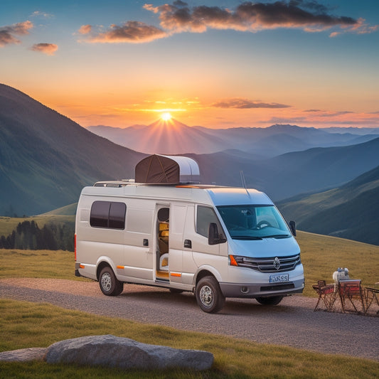 A camper van with a roof-mounted solar panel and wind turbine, set against a serene mountainous landscape at sunset, with a few fluffy white clouds scattered across the sky.