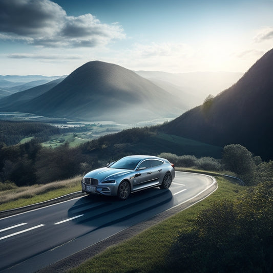 An illustration of a sleek, silver car with a rooftop covered in sleek, black solar panels, driving on a winding road surrounded by lush green hills and a bright blue sky.