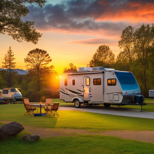 A serene RV campsite at sunset, with a sleek, silver recreational vehicle parked amidst lush greenery, featuring a robust solar panel array by Renogy on its roof, casting a warm, golden glow.