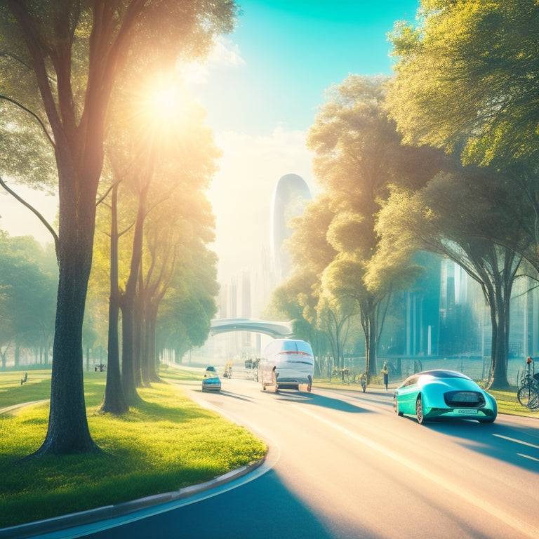 A futuristic cityscape featuring sleek, electric, and hydrogen-powered vehicles gliding along tree-lined roads, with people cycling and walking amidst a backdrop of lush greenery and a bright blue sky.