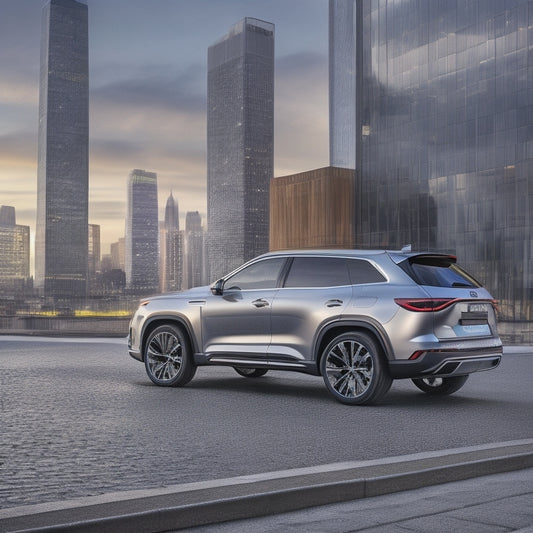 A sleek, silver SUV with a shiny, black roof panel installed, parked in a modern, urban setting, with a cityscape blurred in the background, surrounded by subtle, futuristic design elements.