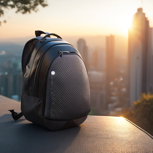 A futuristic, sleek backpack with built-in solar panels and a compact, cylindrical portable battery peeking out, set against a blurred cityscape or outdoor adventure scene.