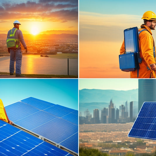 A split-screen image: on the left, a person struggling to carry multiple heavy solar panels, with a gloomy cityscape in the background; on the right, a single person easily holding a compact, portable solar kit, with a bright sunny landscape behind.