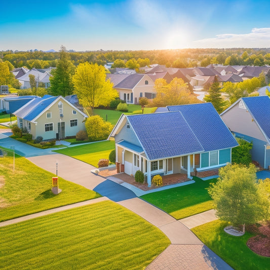 A serene suburban neighborhood with various houses, each featuring a unique rooftop solar panel installation, set against a bright blue sky with a few puffy white clouds.