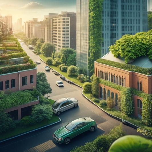 An illustration of a cityscape with multiple buildings, each featuring a green rooftop, and various cars parked outside, with lush greenery overflowing from the roofs, blending nature with urban architecture.