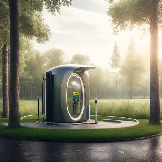 A futuristic electric vehicle charging station with sleek, curved lines, surrounded by lush greenery, featuring multiple charging points, a large digital display, and a modern, minimalist aesthetic.