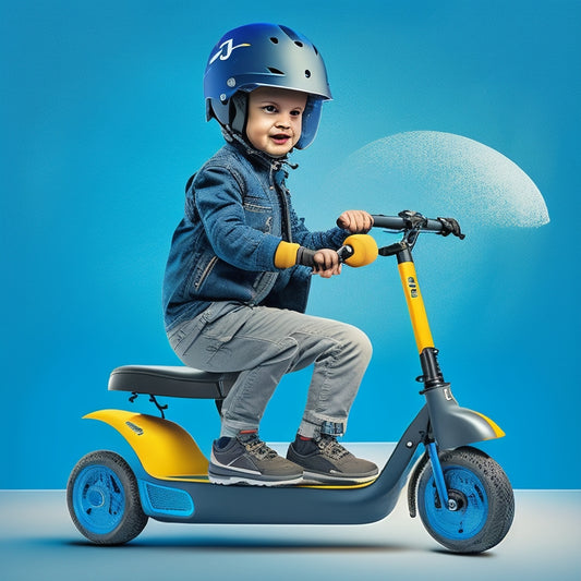 An illustration of a kid riding an electric scooter with a helmet, knee pads, and elbow pads, surrounded by icons of a wide wheelbase, sturdy frame, and a speed limiter.