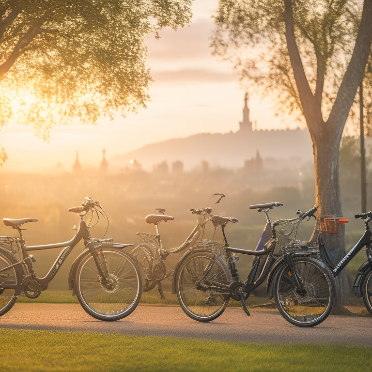 A serene urban landscape at dawn, with multiple electric bicycles of varying designs and colors parked in a row, surrounded by lush greenery and a subtle cityscape in the background.